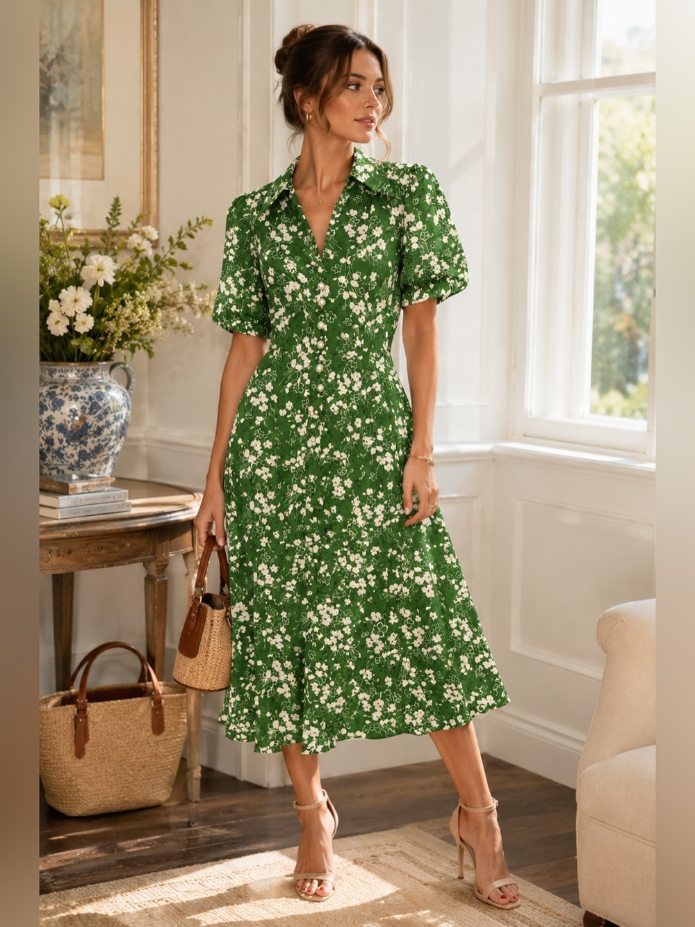 LK Bennett London Green Floral Pearl Button Midi Dress US 10 - Picture 1 of 4